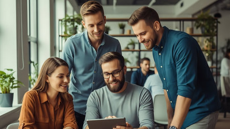 Group of young business people working and communicating together in modern office.の素材