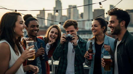 Group of young friends hanging out together and drinking beer at rooftop partyの素材