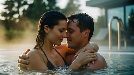Beautiful young couple kissing and hugging in the swimming pool at sunsetの素材