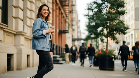 Smiling Woman Walking in the City with Coffeeの素材
