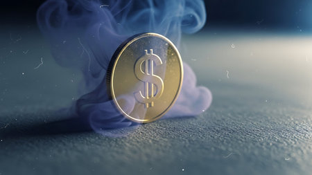 Golden dollar coin with smoke on dark background. 3D Renderingの素材