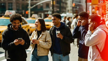 Multiracial group of friends walking in the city and drinking coffeeの素材
