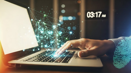 Businessman using laptop with glowing polygonal network hologram on blurry background. Technology and innovation concept. Double exposureの素材