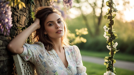 Beautiful young woman in blooming wisteria garden at sunsetの素材