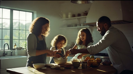 Happy family cooking together in the kitchen at home. Mother, father and their children are preparing food.の素材