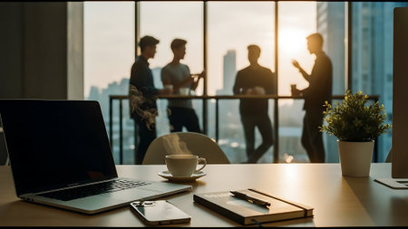 Laptop and coffee cup on table in modern office with blurred business people in the backgroundの素材
