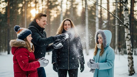Happy family playing snowballs in the winter forest. Winter holidays.の素材