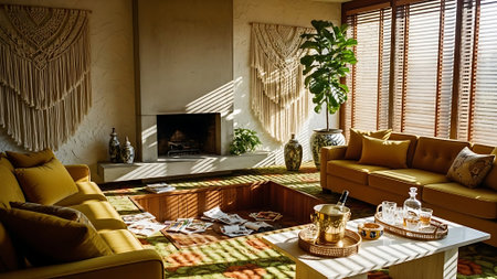 Interior of a living room with a yellow sofa, a coffee table and a fireplaceの素材