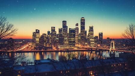 Panoramic view of Manhattan and Brooklyn Bridge at night, New York City.の素材