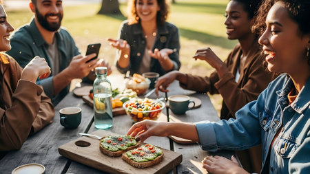 selective focus of multicultural friends eating sandwiches and using smartphone at picnicの素材