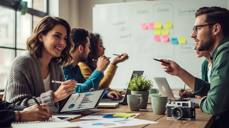 Group of young business people in smart casual wear working together in creative office.の素材