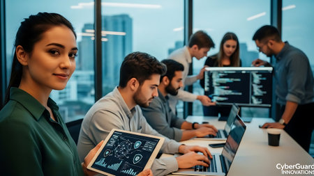 selective focus of multicultural software developers using digital tablet and computers in officeの素材