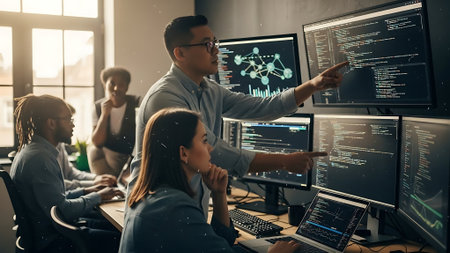 Programmers are working in a software developing company. They are using modern computers and writing codes.の素材