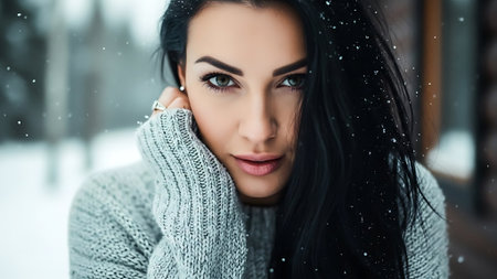 Beautiful young woman with long black hair in a knitted sweater and scarf on a winter backgroundの素材