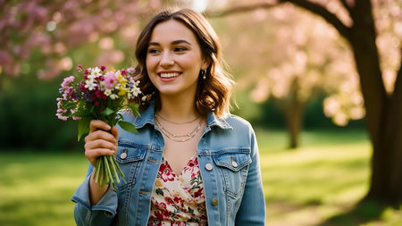 Beautiful young woman holding a bouquet of flowers in the parkの素材