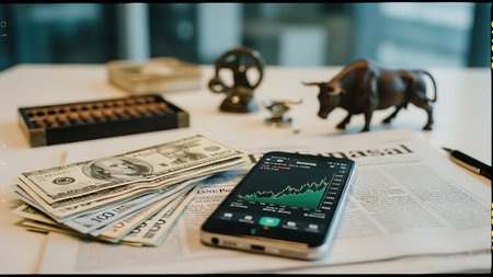 Smartphone with stock market chart on screen and dollar bills on tableの素材