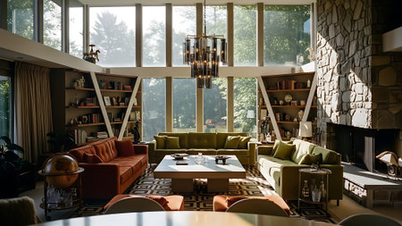 Interior of a modern living room with a large window overlooking the cityの素材