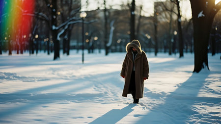 A girl in a warm coat walks through the snow in the park.の素材