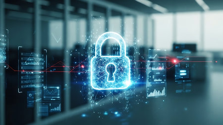 Glowing padlock hologram on server room background 3D renderingの素材