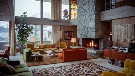 Interior of a modern living room with fireplace and orange sofa.の素材