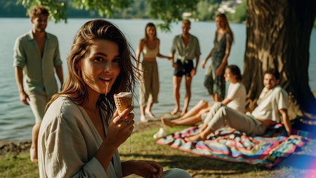 Happy young woman eating ice cream while friends playing in the background.の素材