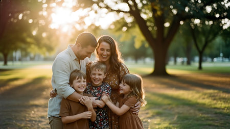 Happy family in the park at sunset. Mother, father and their childrenの素材