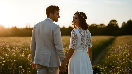 Wedding couple in a field at sunset. Bride and groom holding handsの素材