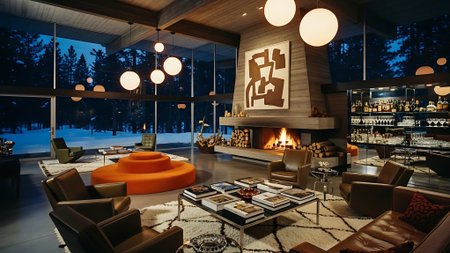Interior of modern living room with fireplace, armchairs and sofaの素材