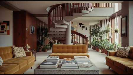 Interior of a modern living room with orange sofa and armchairsの素材