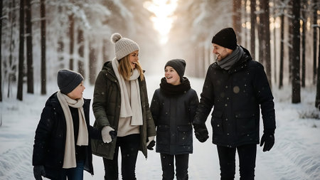 Happy family walking in winter forest. Mother, father and children having fun together.の素材