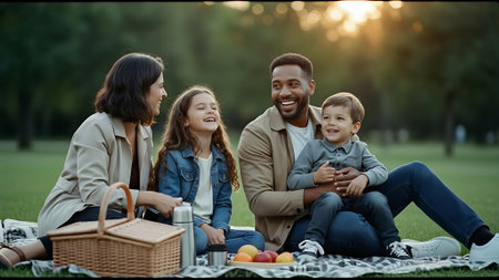 Cheerful family. Cheerful young man smiling while spending time with his familyの素材