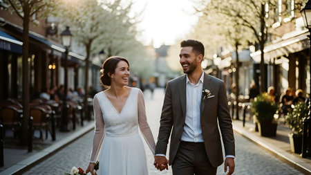 gorgeous wedding couple walking in the old town of londonの素材