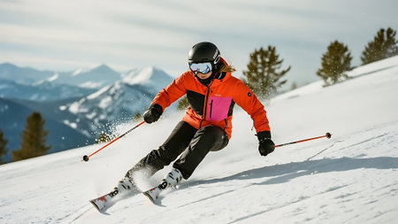 Young woman skier on the piste in the mountains. Winter sportの素材