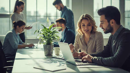 Group of business people working together in modern office. They are using a tablet and smilingの素材