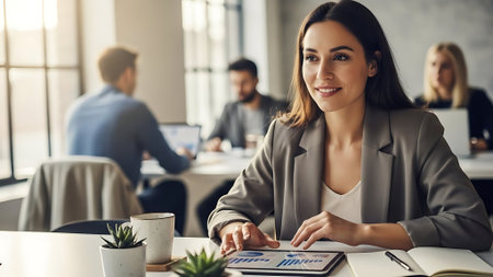 Beautiful young businesswoman is working with documents in modern office.の素材