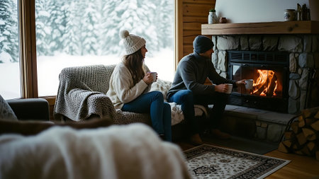 Young couple sitting on the couch in front of the fireplace in the winter at homeの素材