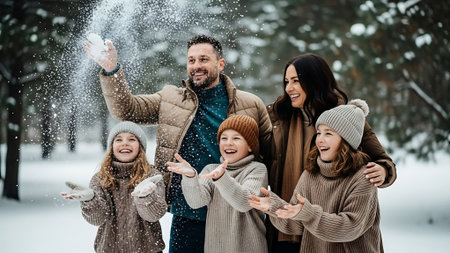 Happy family playing with snow in winter park. Mother, father and children having fun together.の素材
