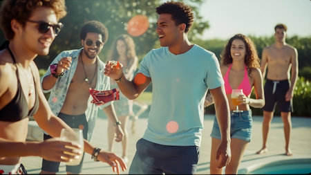 Group of friends having fun and dancing on the beach. People having fun outdoors.の素材