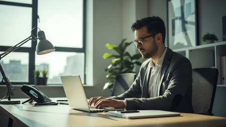 Handsome young businessman working on laptop computer in modern office.の素材