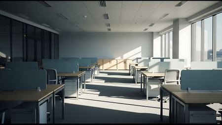 Interior of modern office with white walls, concrete floor, rows of computer tables and chairs. 3d renderingの素材