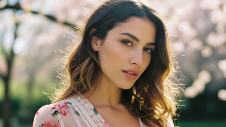 Portrait of a beautiful young woman in a blooming garden.の素材
