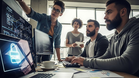 Multiethnic team of software developers working together in modern office. They are using desktop computers and smiling.の素材