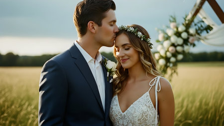 Beautiful wedding couple, bride and groom, posing in the fieldの素材