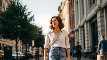beautiful young woman smiling and looking away while walking on city streetの素材