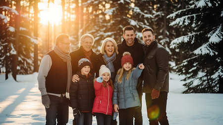 Portrait of a happy family standing in the winter forest at sunsetの素材