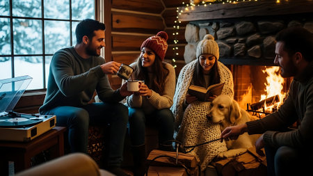 Group of friends sitting by fireplace, drinking tea and reading book.の素材