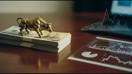 Close-up of bull on dollar banknotes and laptop on tableの素材