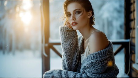 Fashion portrait of a beautiful young woman in a knitted sweaterの素材