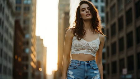 Beautiful young brunette woman in a white tank top and blue jeans on the background of tall buildings.の素材