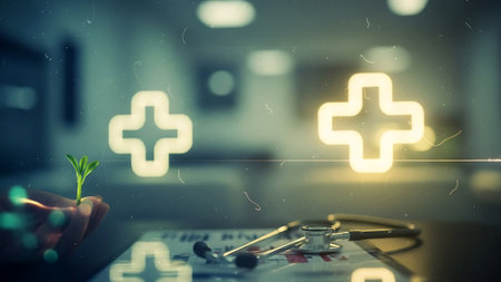 Stethoscope and digital tablet with medical symbol on blurry background. Medicine and healthcare concept. Double exposureの素材